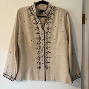 Carole Little Cream Button Front Top Jacket Black Embroidery Size‎ Large Silk
